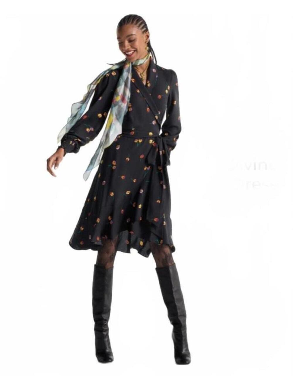 Cabi Divine Wrap Dress Black Floral Midi High Low Ruffles Long Sleeve Size XL